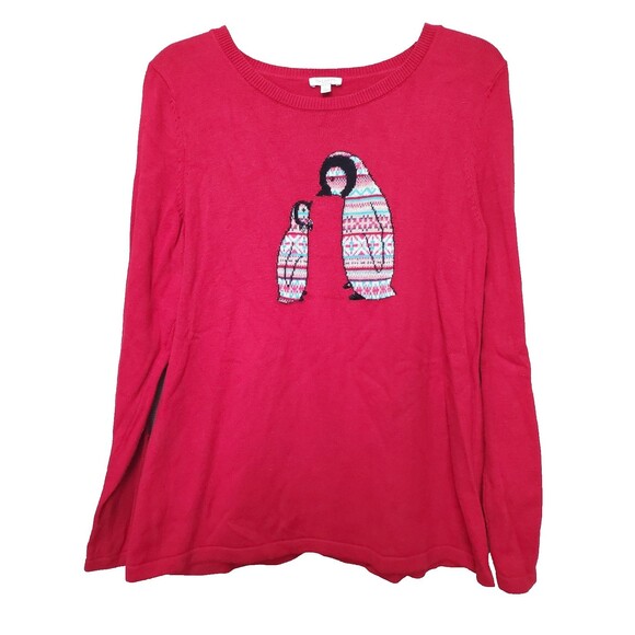 Talbots Cotton Blend Red Sequined Penguins Long Sleeve Sweater Size Large - Picture 1 of 7